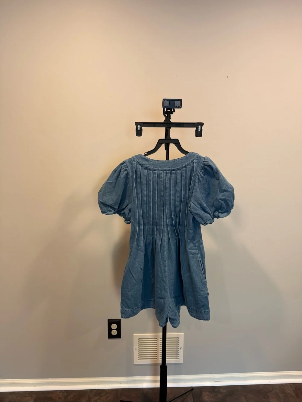 Altar'd State Medium Wash Denim Romper with Puff Sleeves - Blue - Picture 6 of 6